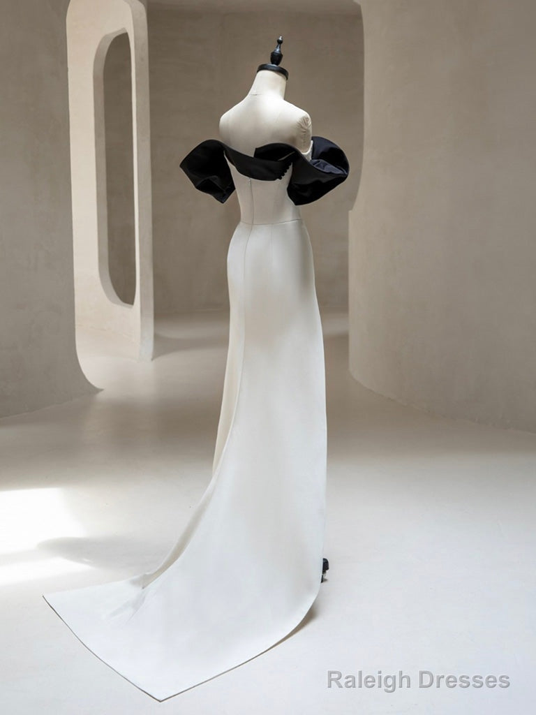 Simple Off Shoulder Satin Black/Beige Long Prom Dress, Black/Beige Long Formal Dress