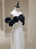 Simple Off Shoulder Satin Black/Beige Long Prom Dress, Black/Beige Long Formal Dress