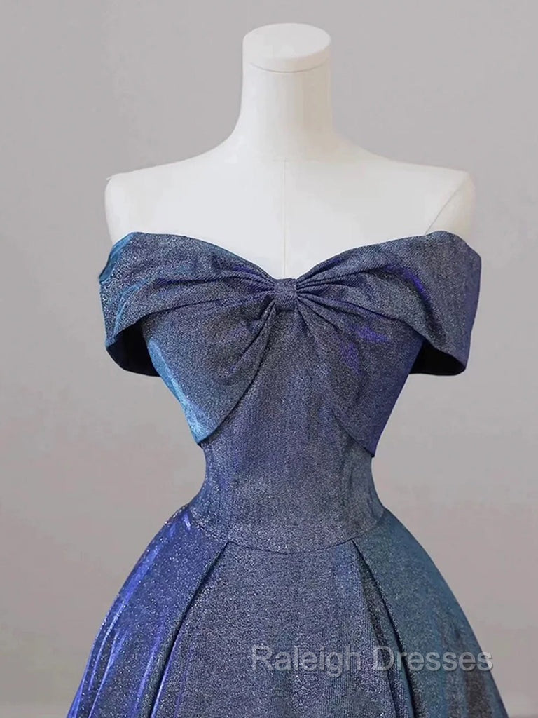 Simple Off Shoulder Satin Blue Long Prom Dress, Blue Long Formal Dress Secondary image