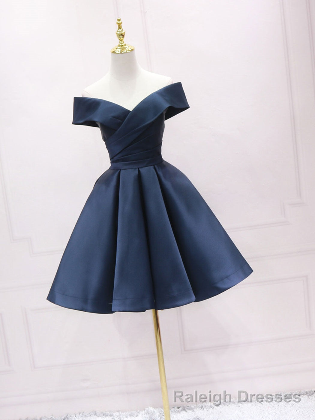 Simple Off Shoulder Satin Dark Blue Short Prom Dress, Blue Homecoming Dress Secondary image