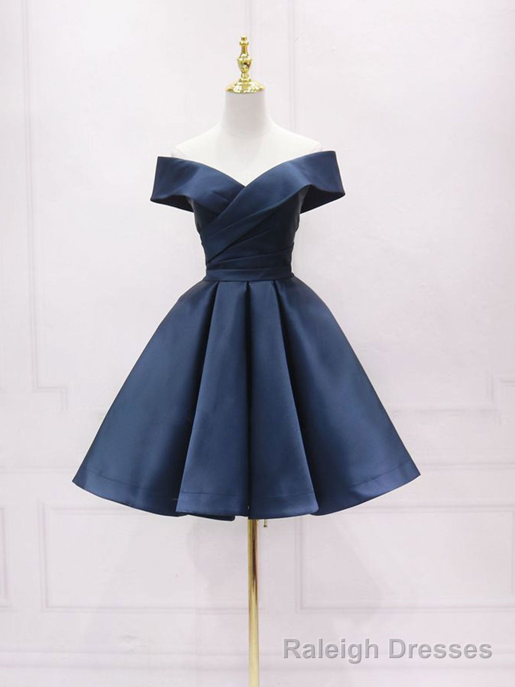 Simple Off Shoulder Satin Dark Blue Short Prom Dress, Blue Homecoming Dress Main image