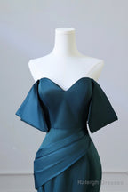 Simple Off Shoulder Satin Ink Blue Long Prom Dress, Ink Blue Mermaid Formal Dress