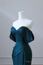 Simple Off Shoulder Satin Ink Blue Long Prom Dress, Ink Blue Mermaid Formal Dress