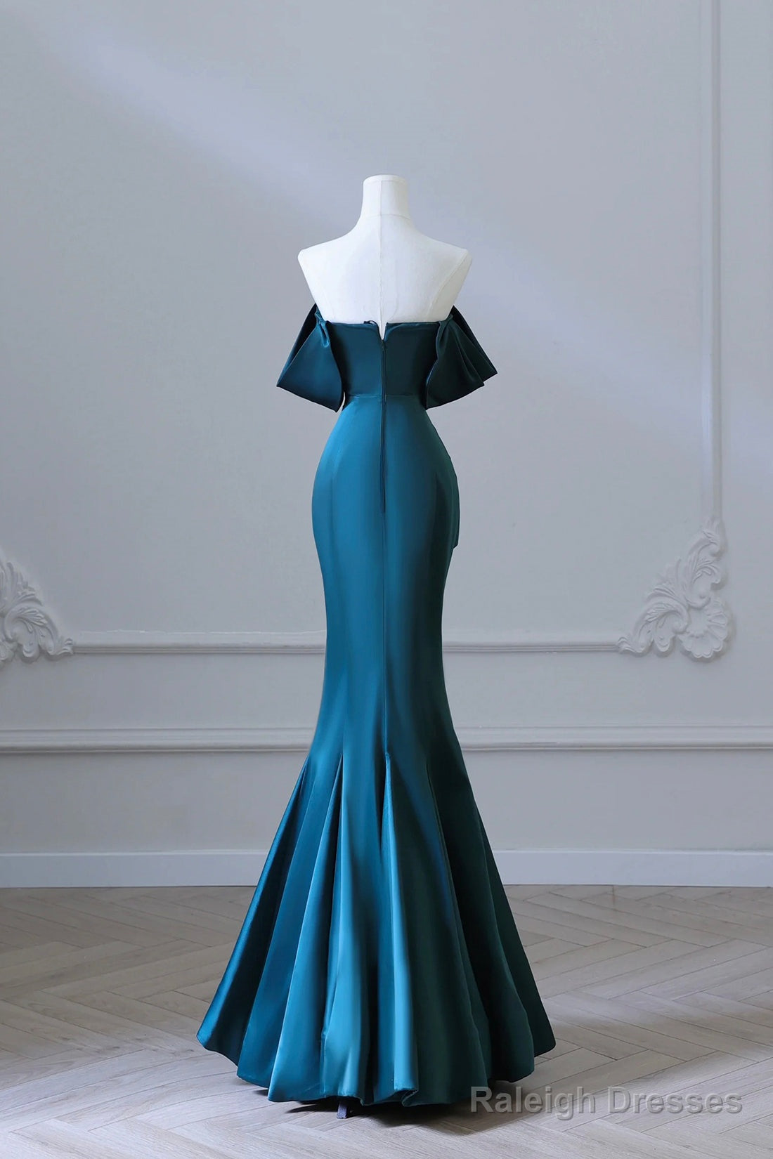 Simple Off Shoulder Satin Ink Blue Long Prom Dress, Ink Blue Mermaid Formal Dress