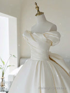 Simple Off Shoulder Satin ivory Long Wedding Dress