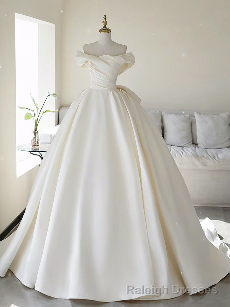 Simple Off Shoulder Satin ivory Long Wedding Dress Main image