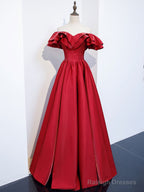 Simple  Off Shoulder Satin Long Prom Dress, Burgundy Evening Dress