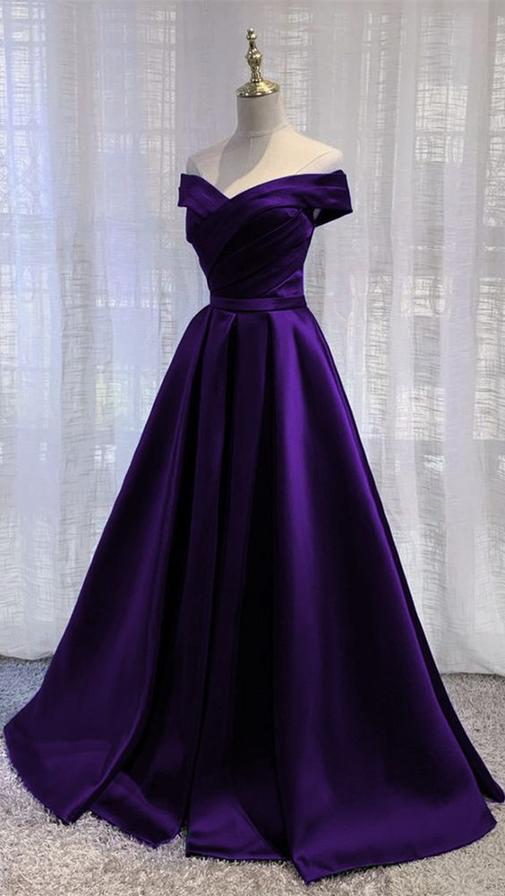 Simple Off Shoulder Satin Long Prom Dress, Dark Purple Party Dress Evening Gown Secondary image
