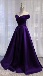 Simple Off Shoulder Satin Long Prom Dress, Dark Purple Party Dress Evening Gown