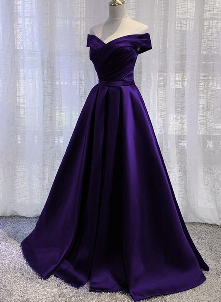 Simple Off Shoulder Satin Long Prom Dress, Dark Purple Party Dress Evening Gown Main image