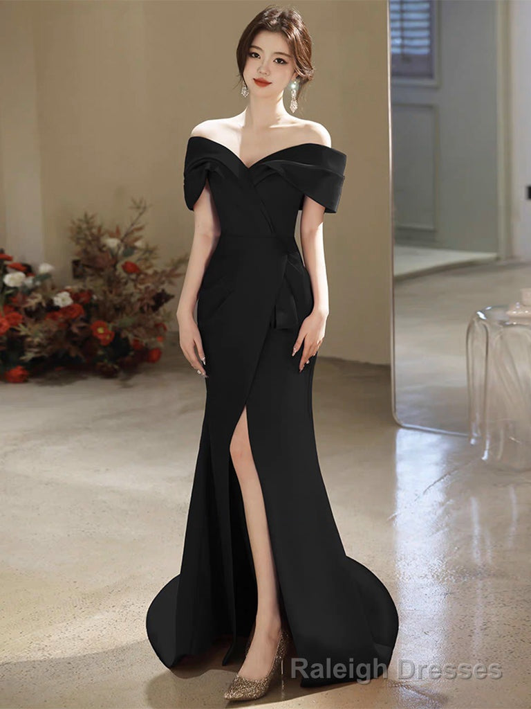 Simple Off Shoulder Satin Mermaid Black Long Prom Dress, Black Long Formal Dress Main image