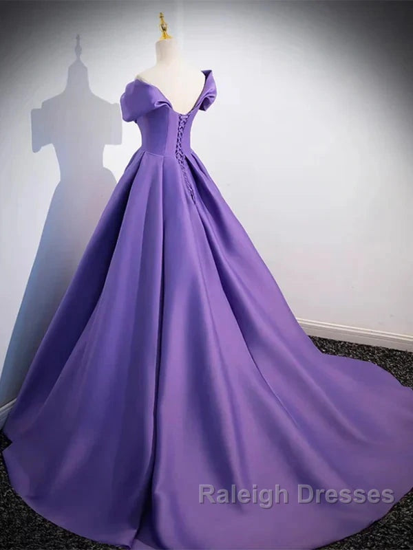 Simple Off Shoulder Satin Purple Long Prom Dress Court Train Dresses Evening Dress