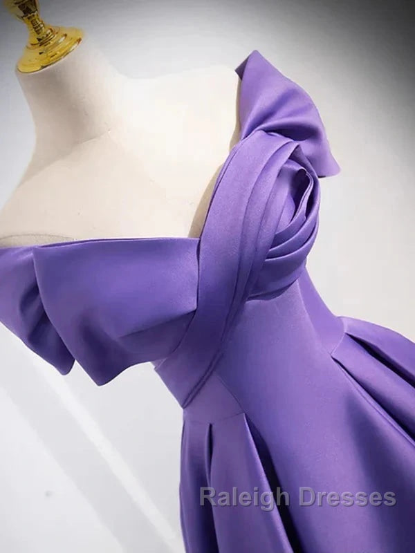 Simple Off Shoulder Satin Purple Long Prom Dress Court Train Dresses Evening Dress