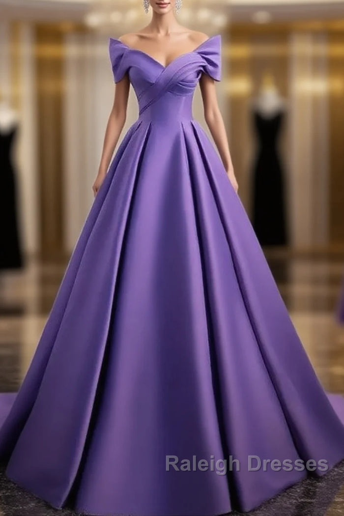 Simple Off Shoulder Satin Purple Long Prom Dress Court Train Dresses Evening Dress Main image
