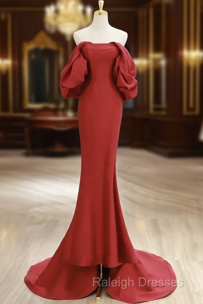 Simple Off Shoulder Satin Red Mermaid Long Prom Dress, Red Long Formal Dress