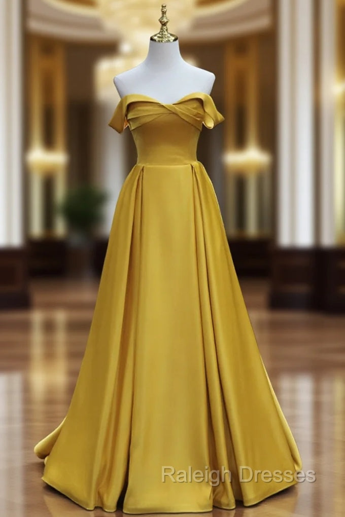 Simple Off Shoulder Satin Yellow Long Prom Dress, Yellow Long Formal Dress Main image