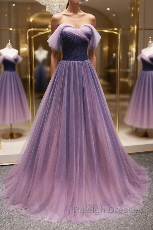 Simple off shoulder tulle long prom dress, tulle formal dress Main image