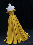 Simple Off Shoulder Yellow Satin Long Prom Dress, Yellow Formal Prom Dress