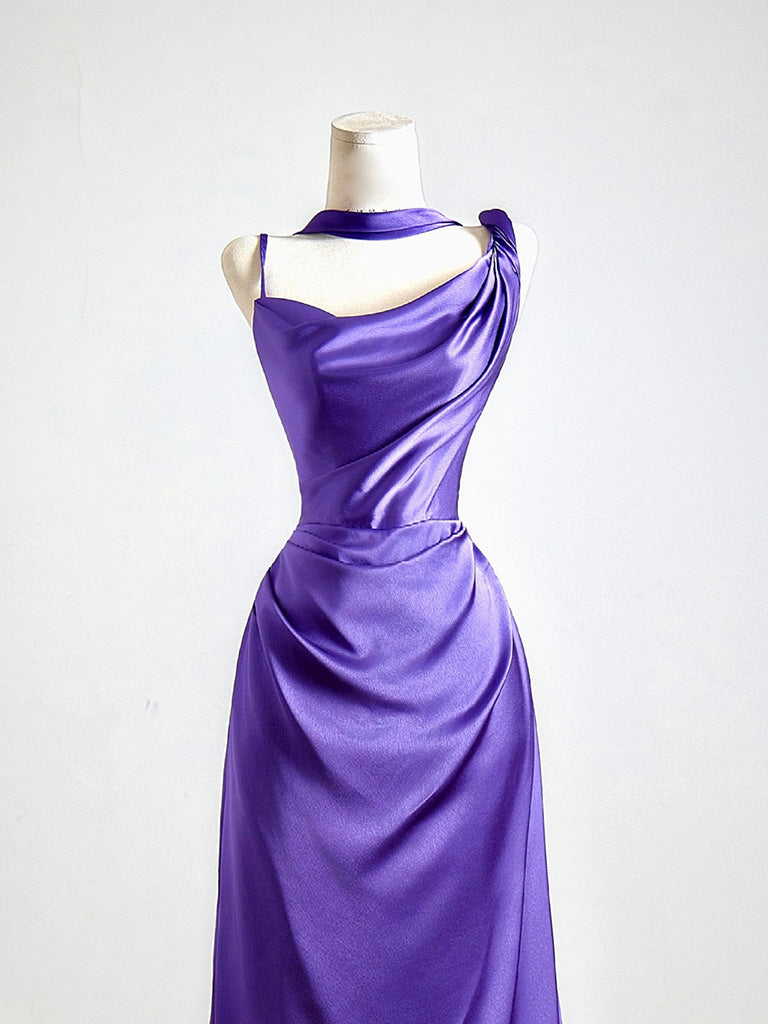 Simple One Shoulder Satin Sweep Train Purple Formal Prom Dress Secondary image