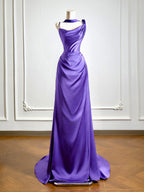 Simple One Shoulder Satin Sweep Train Purple Formal Prom Dress
