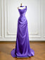 Simple One Shoulder Satin Sweep Train Purple Formal Prom Dress