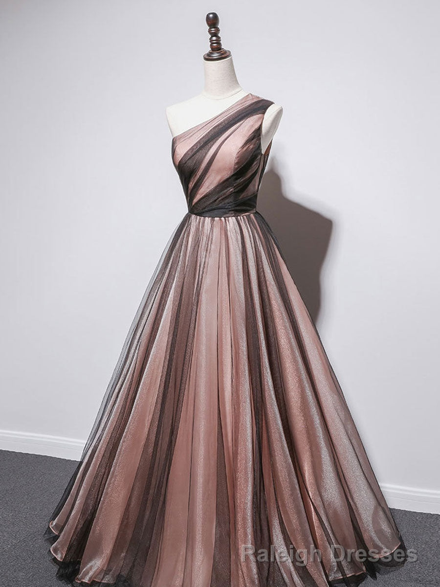 Simple One Shoulder Tulle Long Prom Dresses, A line Tulle Prom Dress