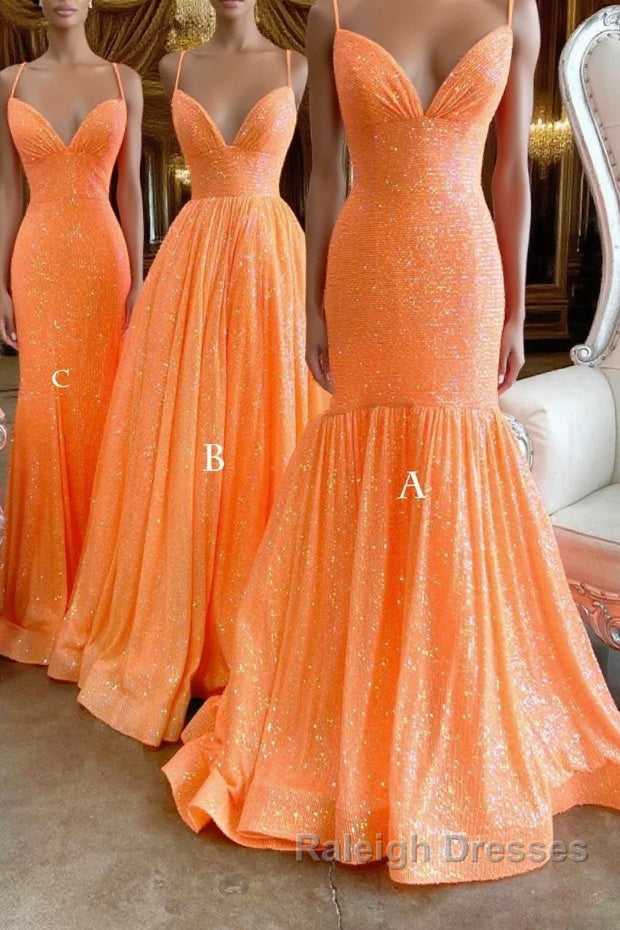 Simple Orange sequin long prom dress orange long evening dress Main image