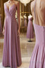 Simple pink chiffon long prom dress, pink evening dress