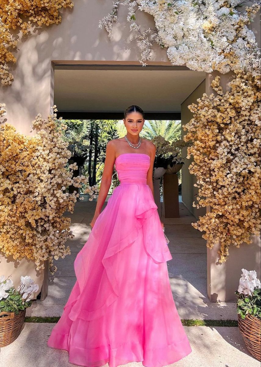 Simple Pink Sleeveless Long Prom Dresses, Strapless Evening Dresses, Pink Celebration Dress Secondary image