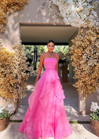 Simple Pink Sleeveless Long Prom Dresses, Strapless Evening Dresses, Pink Celebration Dress