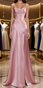 Simple Pink Spaghetti Straps Prom Dresses Long with Split