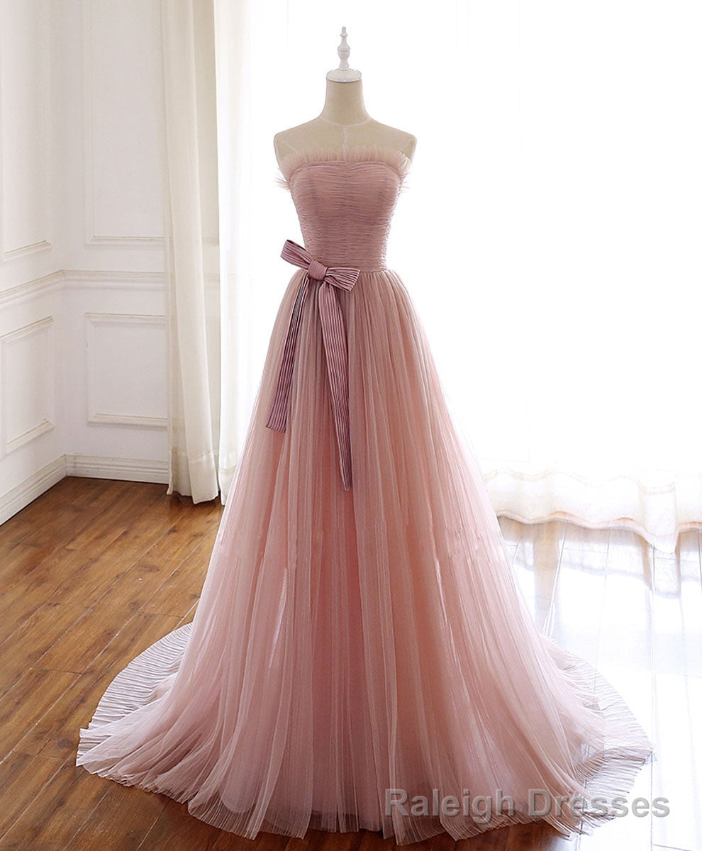 Simple Pink Tulle Long Prom Dress, Aline Pink Tulle Formal Party Dresses Secondary image