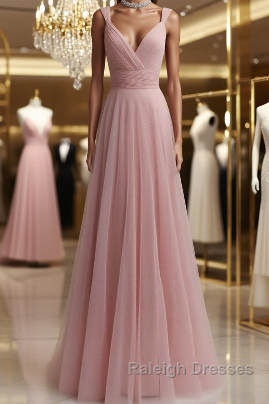 Simple pink tulle long prom dress pink tulle evening dress Main image