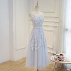 Simple Pretty Light Grey Tea Length Prom Dress, Tea Length Bridesmaid Dress