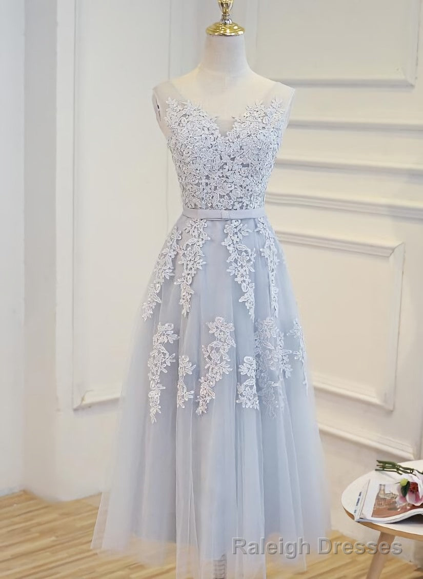 Simple Pretty Light Grey Tea Length Prom Dress, Tea Length Bridesmaid Dress Secondary image