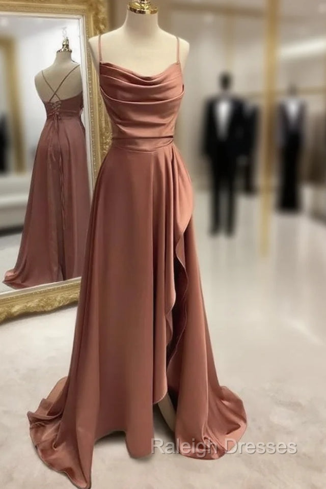 Simple Prom Dresses, A-line Bateau Spaghetti Straps Long/Floor-Length Satin Prom Dress With Pleated Split Main image