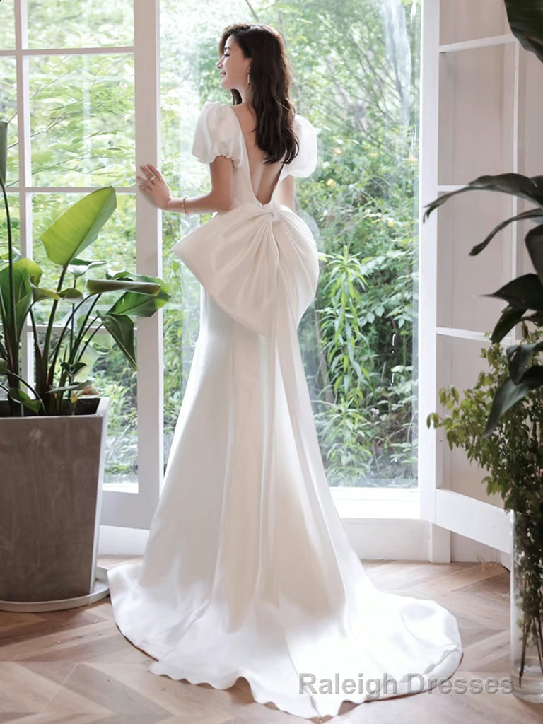 Simple Puff Sleeves Satin Mermaid White Long Prom Dress, White Long Formal Dress Secondary image