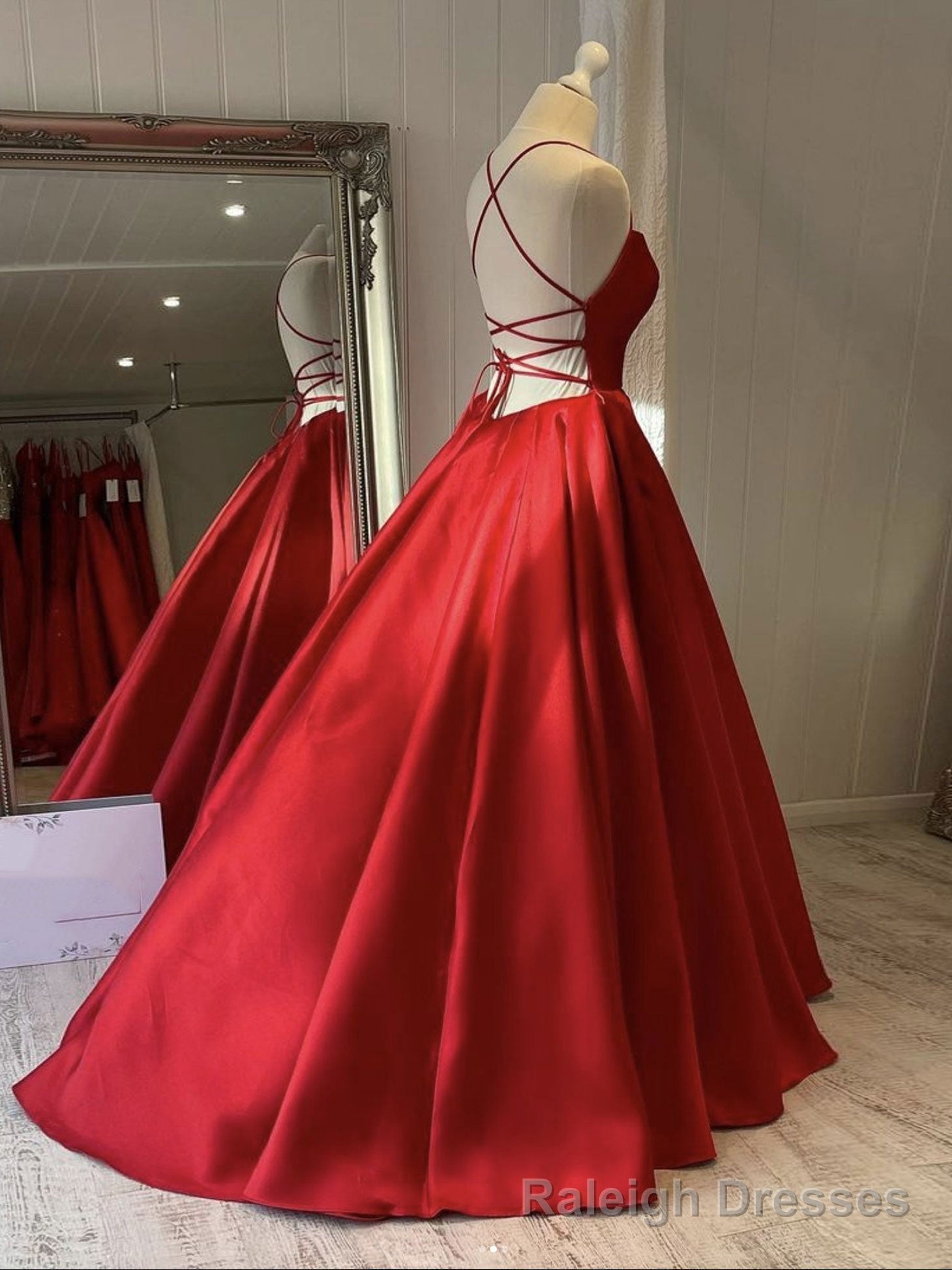 Simple red satin long prom dress, red evening dress Main image