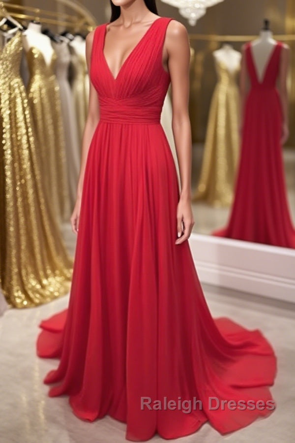 Simple Red V Neck and V Back Chiffon Long Prom Dress, V Neck Red Long Evening Dress, Red Formal Dress, Graduation Dress