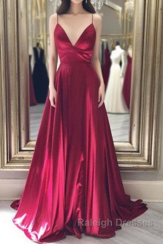 Simple red v neck satin long prom dress, red evening dress
