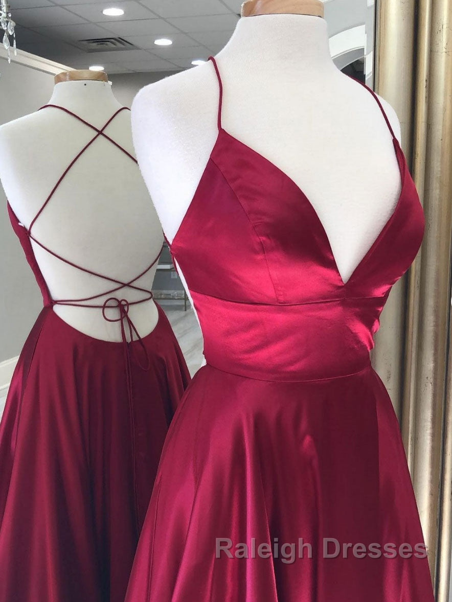 Simple red v neck satin long prom dress, red evening dress Secondary image