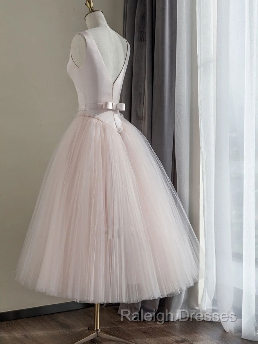 Simple Round Neck Satin Short Prom Dresses Pink Tulle Bridesmaid Dresses