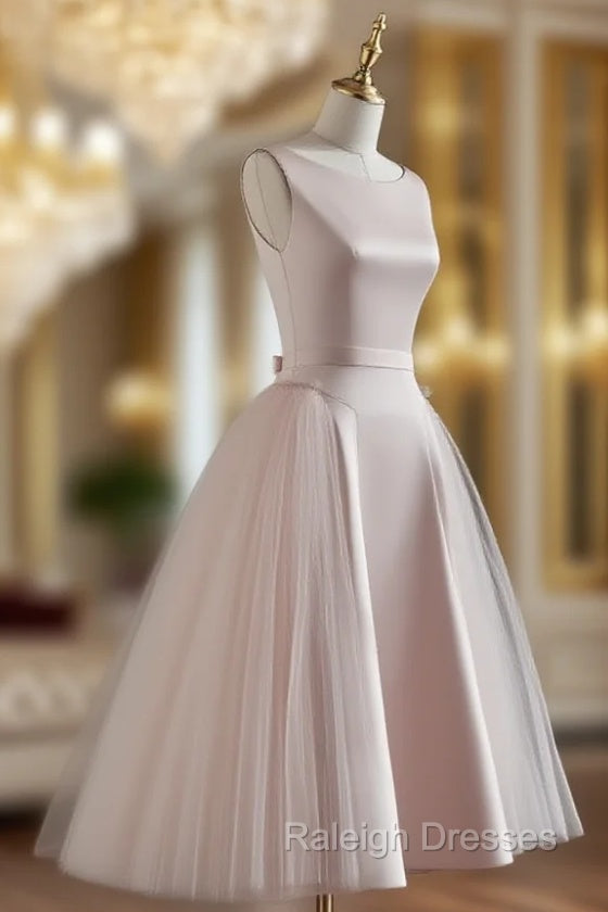 Simple Round Neck Satin Short Prom Dresses Pink Tulle Bridesmaid Dresses