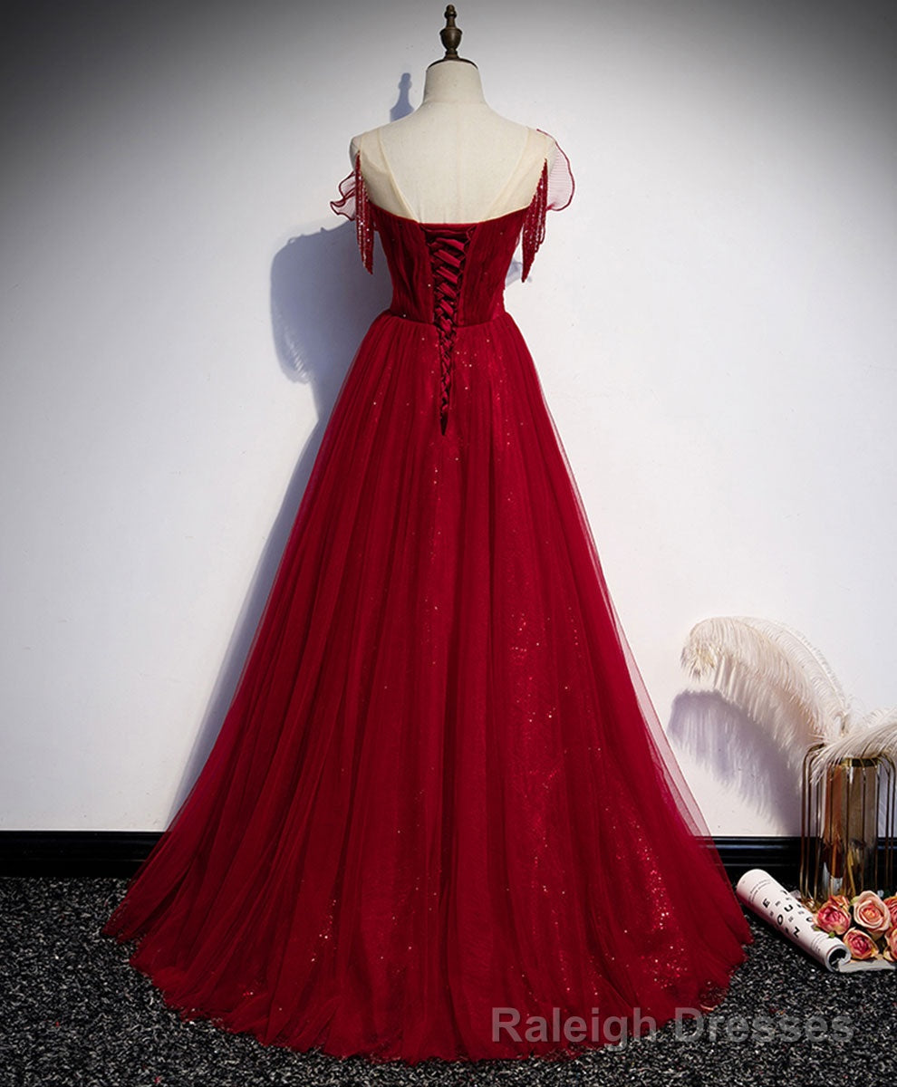 Simple Round Neck Tulle Burgundy Long Prom Dress, Burgundy Formal Dresses Main image