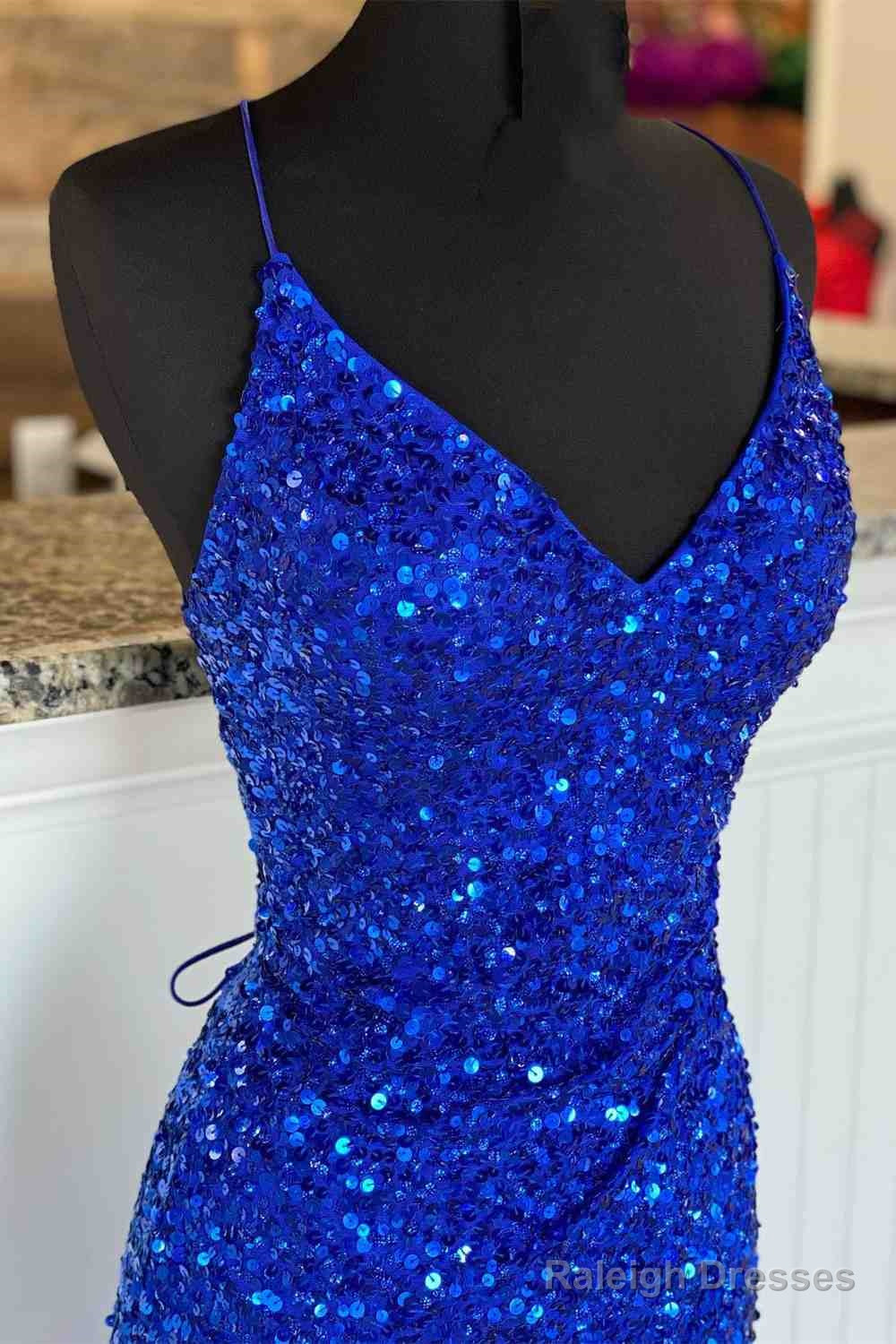 Simple Royal Blue Glitters Prom Dress Long High Slit Prom Dresses Lace-Up Secondary image