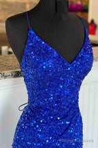 Simple Royal Blue Glitters Prom Dress Long High Slit Prom Dresses Lace-Up