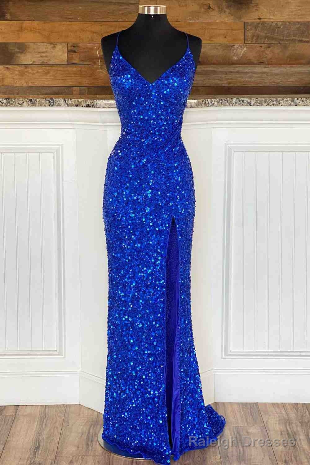 Simple Royal Blue Glitters Prom Dresses Long High Slit Party Formal Dress Lace-Up Main image