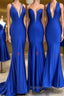 Simple Royal blue v neck mermaid long prom dress blue evening dress
