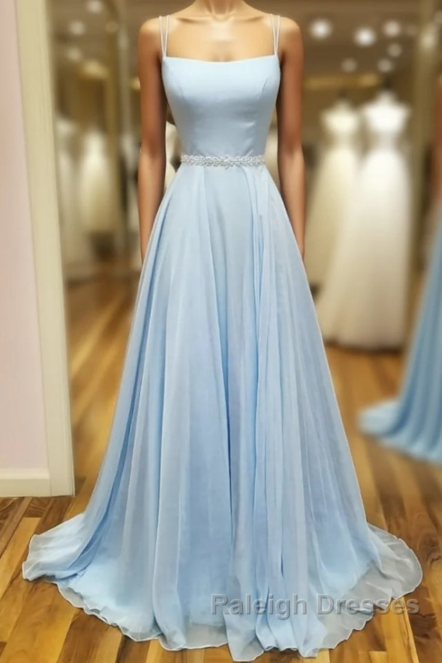 Simple satin blue long prom dress, blue evening dress