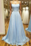 Simple satin blue long prom dress, blue evening dress
